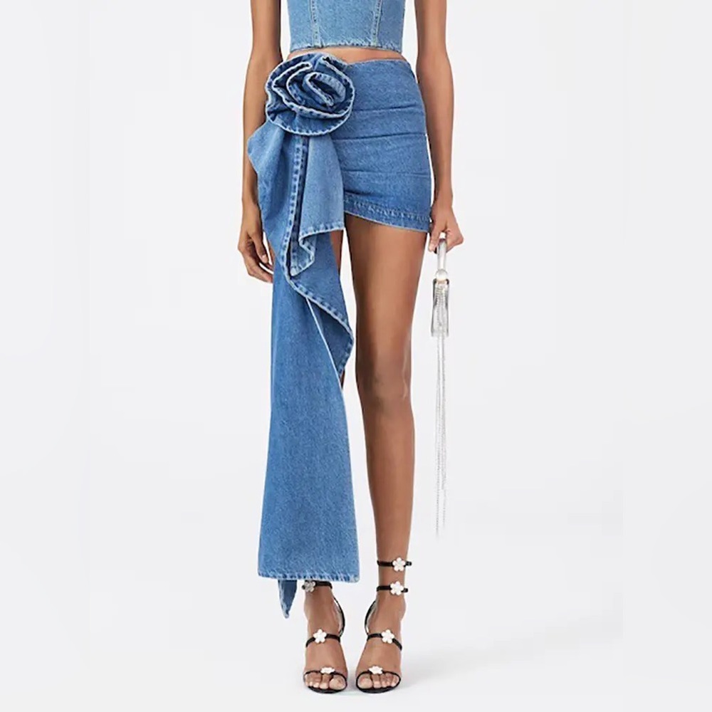 Blooming Blue Rose High Waisted Three-Dimensional Flower Asymmetrical Skirt